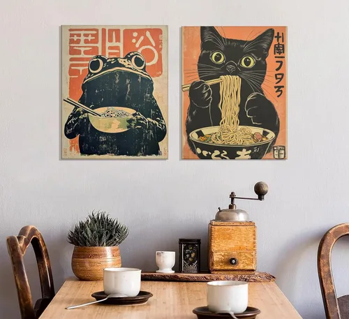 Vista 7 de Lienzo de pared de gato japonés vintage, arte de pared, diseño de gato negro peculiar que come ramen, póster retro divertido de rana comiendo