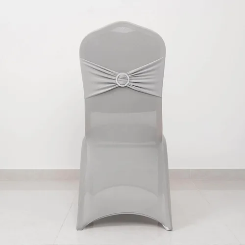 Vista 53 de Efavormart - Funda para silla de banquete de elastano beige con banda de hebilla de diamantes de imitación plateados, funda elástica para silla