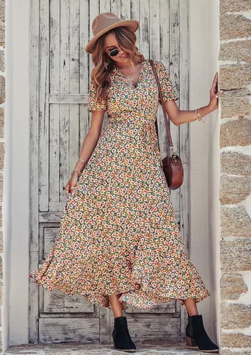 Vista 7 de PRETTYGARDEN - Vestido largo de verano cruzado para mujer, con cuello en V, estilo bohemio, floral, manga corta, dobladillo con volantes