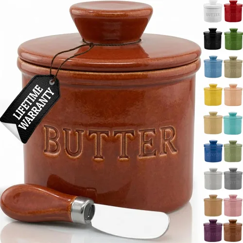 Vista 33 de Priority Chef Mantequilla grande con tapa con línea de agua, plato de mantequilla francesa de cerámica para dejar en el mostrador, color negro