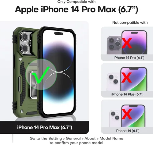 Vista 2 de HATOSHI Funda para iPhone 14 Pro Max con protección deslizante para cámara y 2 protectores de pantalla de vidrio templado, 8 fundas magnéticas MTD a