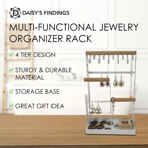 Vista 5 de DAISY'S FINDINGS Soporte organizador de joyas de 4 niveles Organizador de joyas para aretes, collares, pulseras, anillos, relojes... 10 ganchos