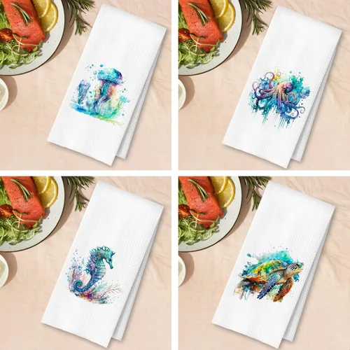 Vista 4 de Toallas de mano de playa costera con diseño de medusa, pulpo, caballito de mar y tortuga para baño, juego de 4, toallas de cocina de playa costera