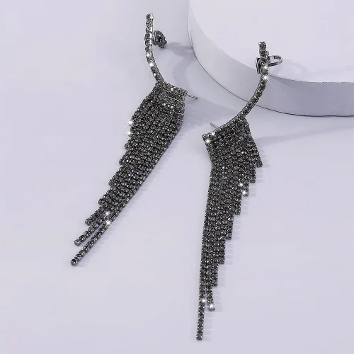 Vista 3 de Jumwrit Aretes de borla de diamantes de imitación para mujeres y niñas (negro)