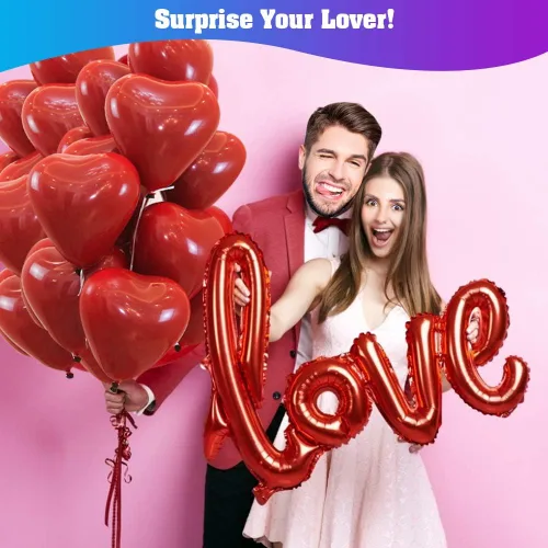 Vista 6 de Kit de 50 globos de amor y globos de corazón y 2000 pétalos de rosa de seda de 42 pulgadas, globos dorados con texto "I Love You", kit de decoración