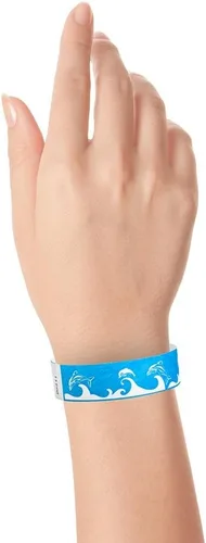 Vista 3 de 500 pulseras Tyvek de Wristco Blue Dolphins para eventos, cómodas pulseras de papel resistentes a desgarros, pulseras de identificación