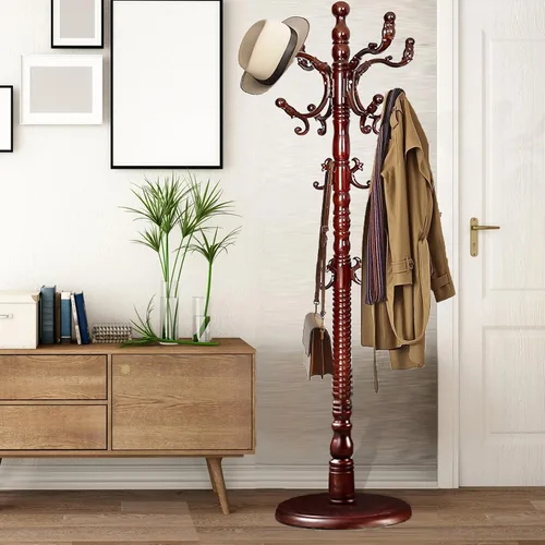 Vista 15 de Percheros independientes con 14 ganchos, soportes de madera natural para entrada, altura ajustable de 73 pulgadas, perchero de árbol para pasillo