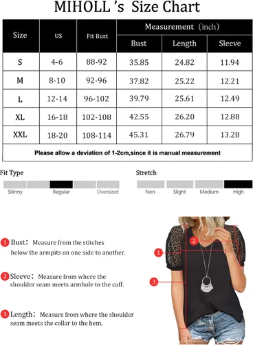 Vista 6 de MIHOLL - Camiseta de manga corta con encaje y cuello en V para mujer, blusa holgada e informal