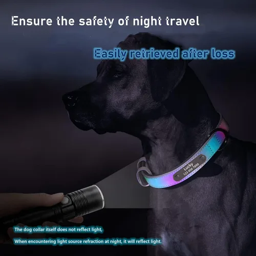 Vista 4 de Collares de perro personalizados, collar de cuero reflectante para perro, placa de identificación grabada, tamaños ajustables para perros pequeños