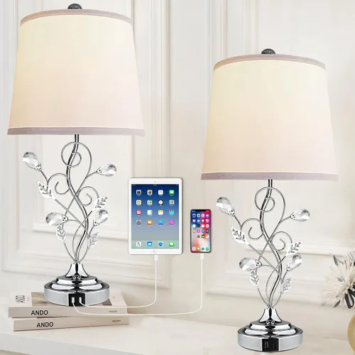 Vista 9 de Sheetea Juego de 2 lámparas de mesa estilo granja de 24.5 pulgadas, lámparas rústicas para dormitorio con 2 puertos de carga USB, pantalla de tela