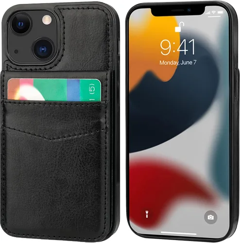Vista 3 de KIHUWEY Funda compatible con iPhone 13 Mini con soporte para tarjeta de crédito, cierre magnético de cuero de alta calidad, resistente funda Negro