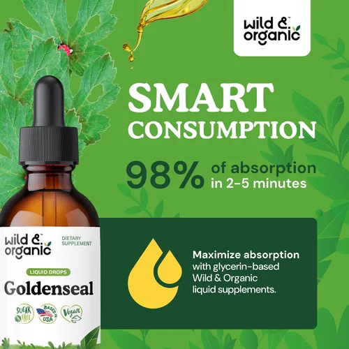 Vista 4 de Wild & Organic Goldenseal - Tintura de raíz – Limpieza pulmonar, apoyo inmunológico y digestivo – Suplemento líquido de sello dorado – Gotas