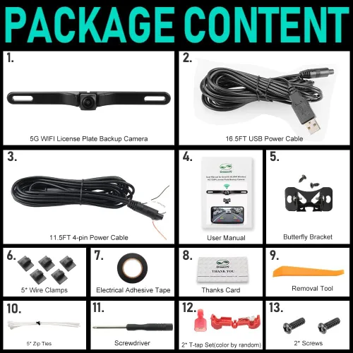 Vista 7 de Cámara de respaldo WiFi para auto, GreenYi 5G 720P HD para matrícula trasera/vista frontal reversa para iPhone iPad Android teléfonos inteligentes