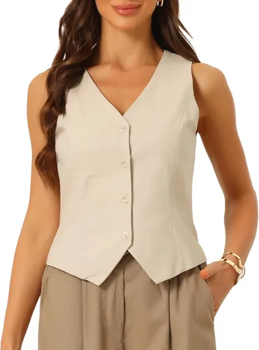Vista 17 de Allegra K Chaleco para mujer, de verano, algodón, lino, sin mangas, con botones, cuello en V, totalmente forrado, chalecos recortados Negro