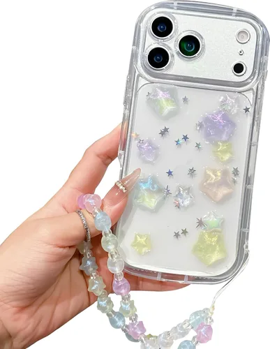 Vista 15 de Compatible con iPhone 11 Pro Funda Transparente Bonita con Diseño de Estrella con Purpurina en 3D con Perlas y Pulsera de Perlas, Diseño de Cadena