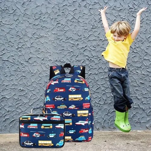 Vista 3 de Mochila escolar para niños con fiambrera para niños, para jardín de infantes, mochila escolar para niños pequeños, Patrón de avión para coche