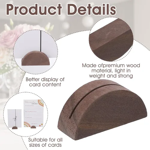 Vista 3 de 12 soportes de madera para tarjetas, diseño semicircular, soporte para tarjetas de madera de 1.6 pulgadas, soportes para números de mesa, soporte