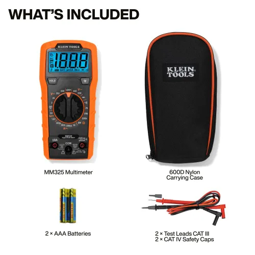Vista 2 de Klein Tools 80196 Kit de multímetro digital con estuche, probador de voltaje CA/CC de rango manual de 600V, prueba baterías, corriente, resistencia
