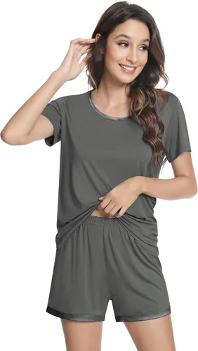 Vista 4 de NACHILA Bamboo Viscose Sleepwear for Women Short Sleeve Crew Neck Pjs Set J-hierro gris