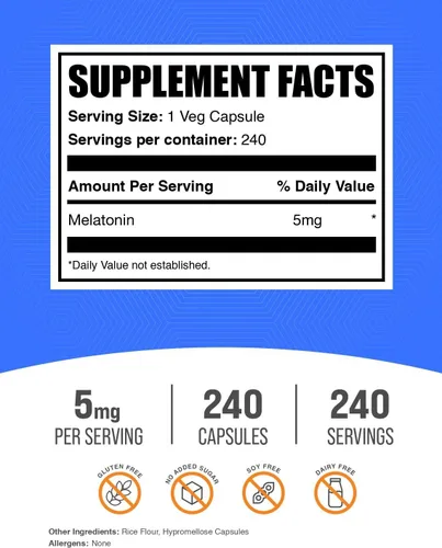 Vista 2 de BulkSupplements. com Melatonina 5 mg Cápsulas – Melatonina para adultos, suplemento para dormir – 5 mg de melatonina por porción, 1 cápsula por
