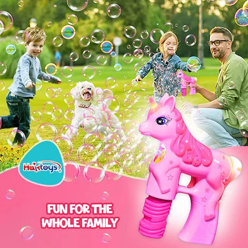 Vista 6 de Pistola de burbujas de unicornio rosa para niños, juguete soplador automático de burbujas Lindo lanzador de burbujas para niños pequeños, niños