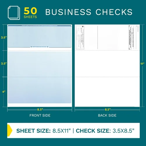 Vista 2 de Papel de cheques para computadora, 50 hojas, cheques comerciales en la parte superior y trozo en la parte inferior, características de seguridad e