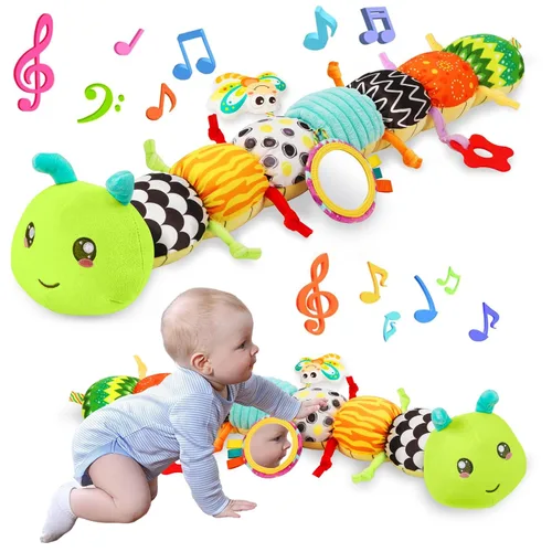 Vista 8 de Juguetes Sensoriales para Bebés de 0-6 6-12 Meses, Oruga de Peluche Musical con Sonido Arrugado y Sonajero, Juguetes para Tiempo Boca Abajo