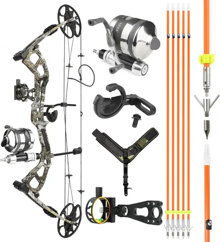 Vista 7 de Kit de arco compuesto de pesca de arco, 0-70 libras ajustable, extremidad fabricada en Estados Unidos, con carrete de pesca con arco, flechas