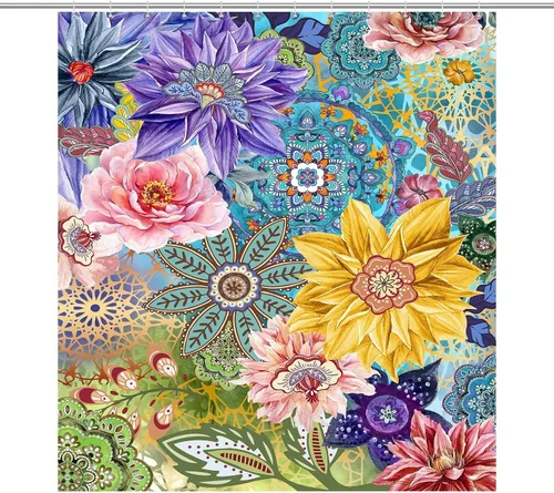 Vista 27 de Cortina de ducha con 12 ganchos para baño, 72 x 72 pulgadas, diseño floral bohemio con hojas tropicales retro y florales (bohemio floral-1)