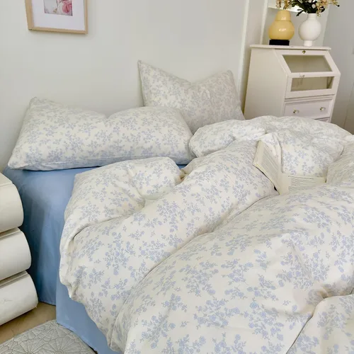 Vista 31 de Juego de funda de edredón blanca con estampado floral azul, juego de ropa de cama de algodón suave estilo bohemio, juego de ropa de cama estética