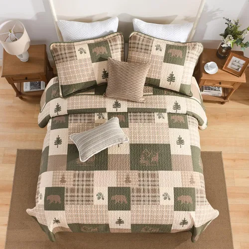 Vista 4 de SahSahCasa Juego de edredón de 100 % algodón, tamaño Queen, reversible, rústico, cabaña, edredón ligero para cama Queen, 3 piezas, beige/verde
