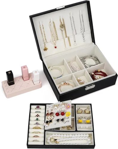 Vista 8 de USION Joyero para mujeres, niñas, novia, esposa, regalo, organizador de joyas de cuero, soporte con bandeja extraíble para aretes, pulseras