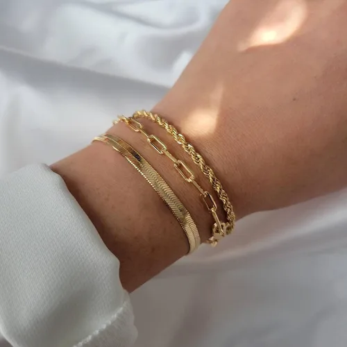 Vista 4 de Pulseras de oro para mujer, juego de pulseras en capas de oro de 14 quilates, delicada cadena de espiga de espiga, pulseras cubanas de oro