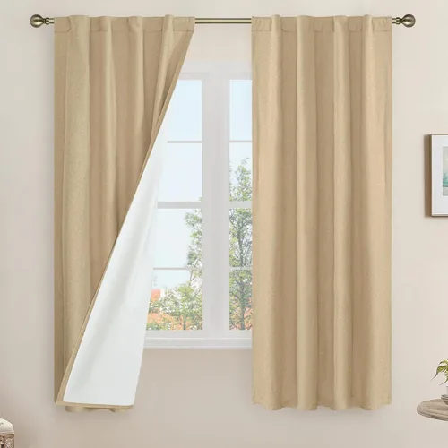 Vista 140 de LAMIT Cortinas opacas cortas de lino de 30 pulgadas para ventanas de cocina sobre el fregadero, cortinas de café texturizadas de lino marfil