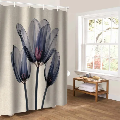 Vista 8 de Cortina de ducha, diseño abstracto transparente de tulipán, de algodón y lino con textura de tulipán, juego de cortina de ducha impermeable con 12