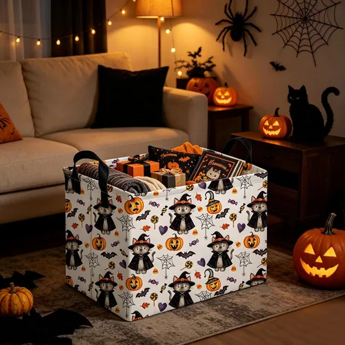 Vista 5 de Cesta rectangular de Halloween para gatos, cestas vacías de Halloween, cesta de truco o trato para niños y niñas, cestas de estantería, papelera