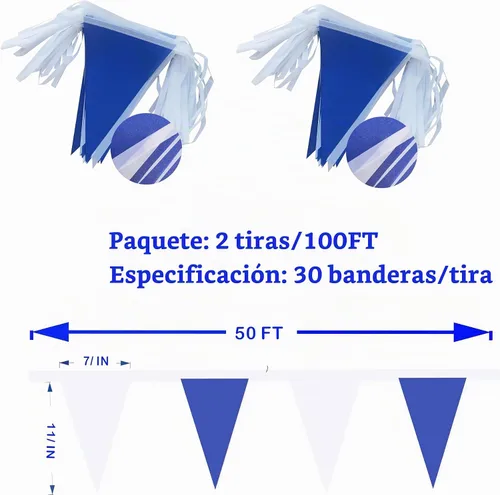 Vista 3 de Banderín triangular de 100 pies, color azul y blanco, 60 unidades Blue white triangle bunting for birthday, wedding, garden, outdoor hanging.