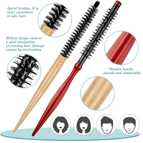 Vista 3 de 2 piezas de cepillo pequeño redondo para el cabello, mini cepillo redondo de madera, cepillo Quiff, peines de pelo de cerdas de nailon para vestir