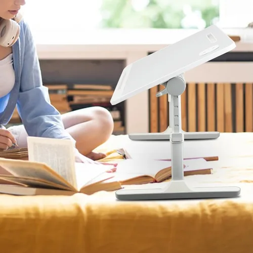 Vista 6 de Escritorio plegable para laptop, mesa plegable para desayuno, mesa de cama ajustable para laptop con alturas y ángulos, mesa plegable con cajón