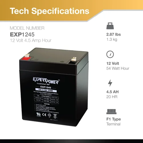 Vista 3 de ExpertPower EXP1245 Reemplazo de batería de seguridad para alarma doméstica Negro 12V 4.5AH Alfombrilla de vidrio absorbente 1 paquete