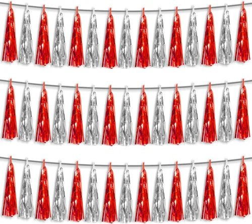 Vista 10 de Banderines de Flecos de Papel Aluminio Negro 3P con Borlas Metálicas Guirnalda de Borlas para Carrozas de Desfile, Despedida de Soltera, Boda