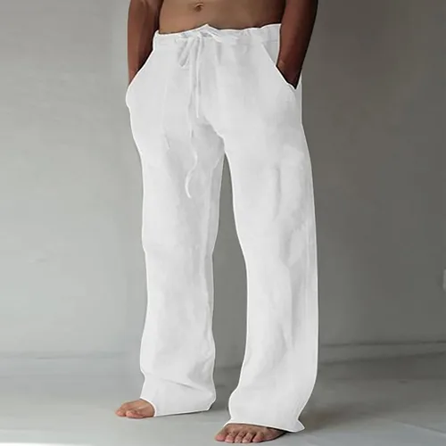 Vista 2 de Pantalones de cintura alta para hombre, pantalones de lino para hombre, contemporáneos, cómodos, de calidad, suaves, de lino, con bolsillo