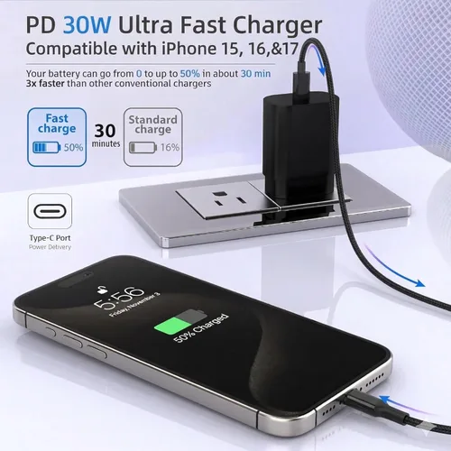 Vista 6 de Paquete de 4 cables de carga rápida USB C a USB C de 60 W (6 pies, 6 pies, 10 pies, 10 pies) Type C to C Charger Cord Compatible with iPhone 17