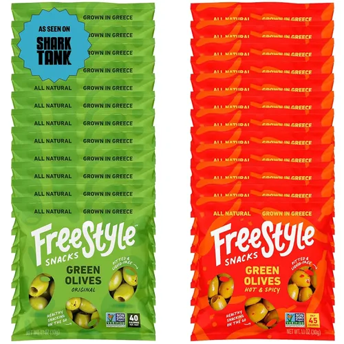 Vista 6 de Freestyle Snacks Paquetes de aperitivos de oliva, como se ve en Shark Tank, una sola porción, aceitunas frescas sin hueso, cultivadas en Grecia