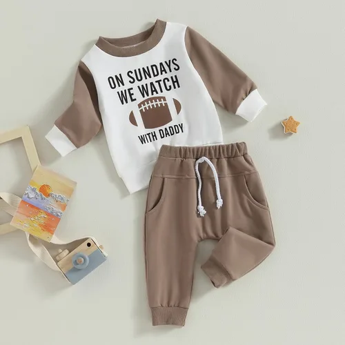 Vista 3 de Traje de fútbol para bebé, niño, día de partido, camisas de cuello redondo, sudadera con pantalones acampanados, ropa de fútbol americano de otoño