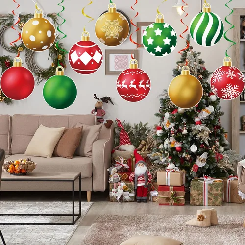 Vista 6 de YQUQWN 48 piezas de adornos colgantes de Navidad en espiral - Bolas de alce con copos de nieve en rojo, verde y dorado para fiestas navideñas, árbol