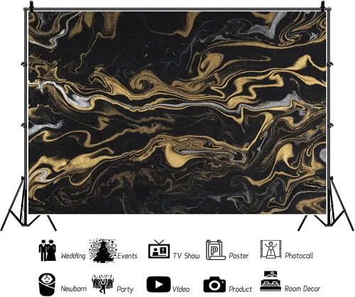 Vista 4 de Leyiyi Fondo de 5 x 3 pies para fotografía, telón de fondo de mármol negro y dorado, arte abstracto, telón de fondo de arena movediza dorada