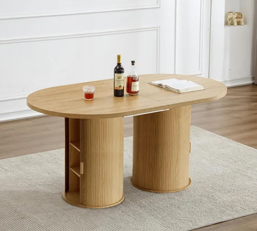 Vista 8 de Mesa de comedor redonda extensible de 94 pulgadas con base de almacenamiento, mesa de comedor expandible natural para 10, mesa de comedor de madera