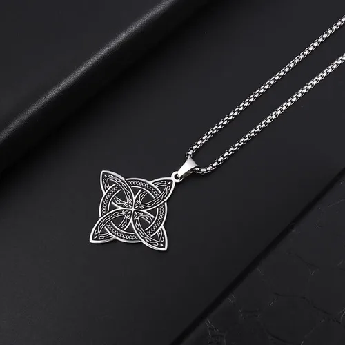 Vista 4 de Collar con colgante de nudo de bruja de acero inoxidable, diseño de color plateado, nudo celta, joyería de la suerte, regalo para amigos y familia