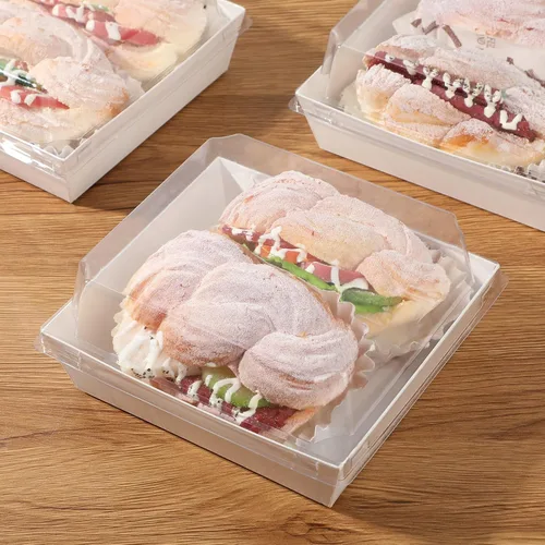 Vista 7 de Remerry Juego de 80 cajas de embutidos con tapas transparentes, cajas de papel blanco de 5.4 pulgadas, cuadradas, desechables, para postre
